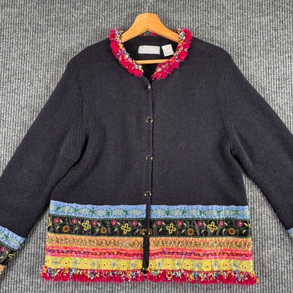 Ann Trinity Womens L Black Cardigan Sweater Boho‎ Embroidered Fringe Whimsigoth - Picture 6 of 11